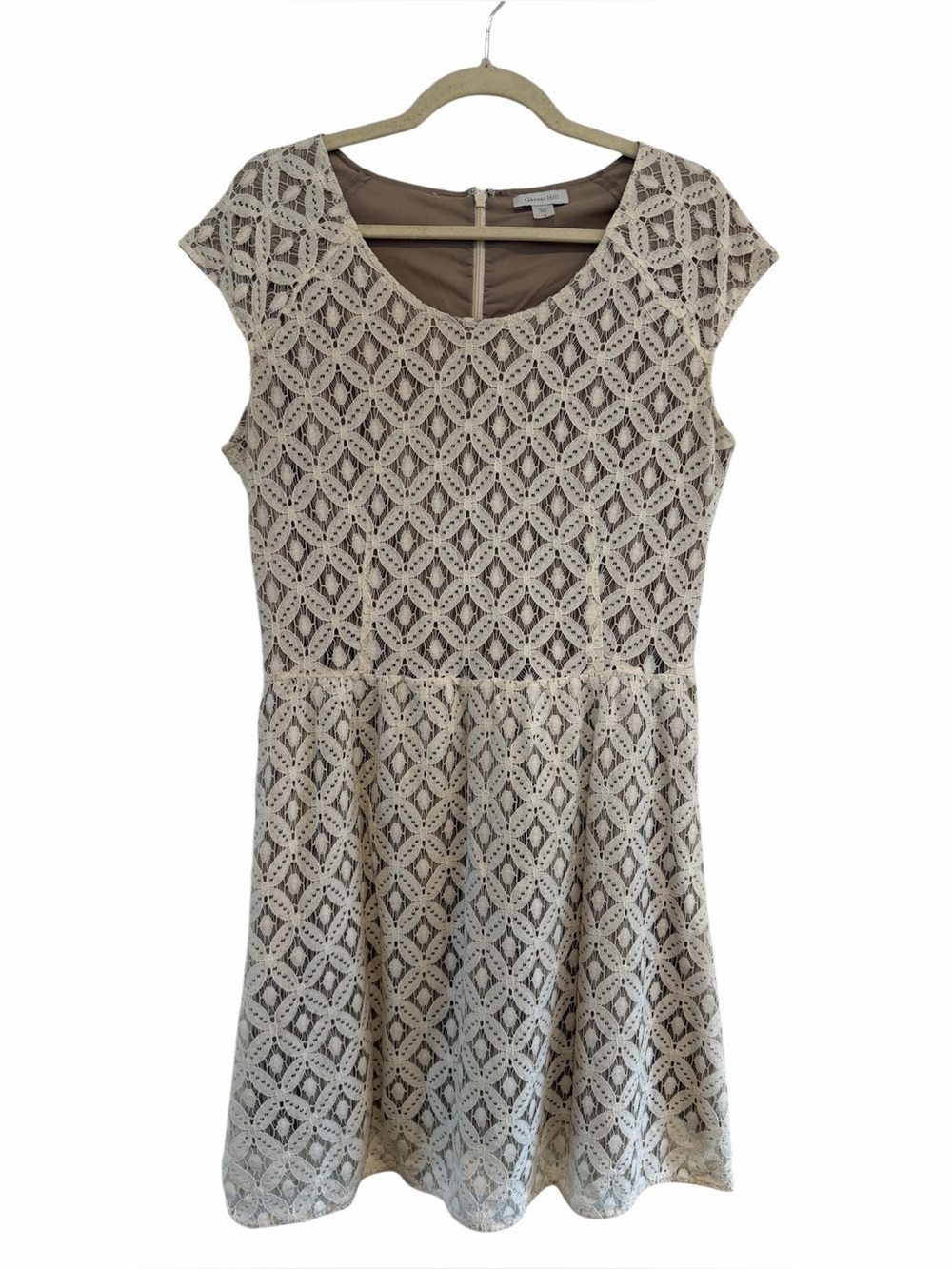 Garnet Hill Beige Lace Cap-Sleeve Fit-and-Flare Dress